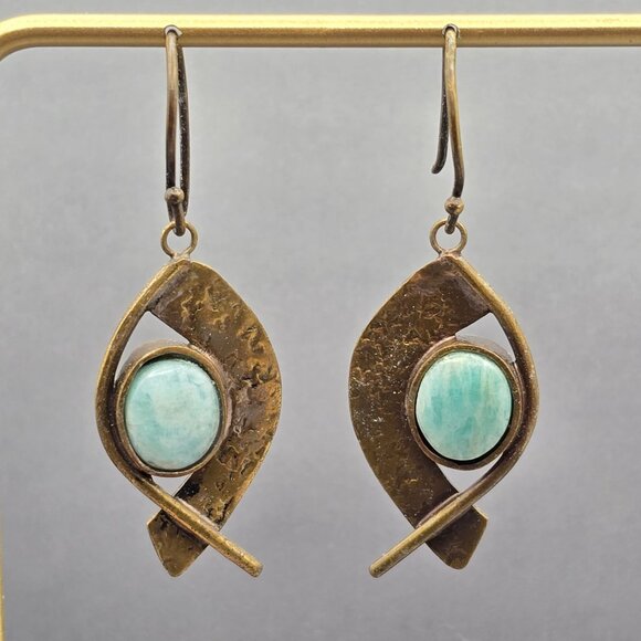 VTG Egyptian Revival Brass & Amazonite Dangle Earrings 2" Shepards Hook - Picture 6 of 8